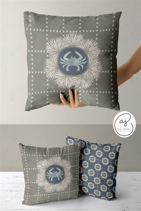 Pluff Mud Crab Pillow Cover 18x18 Throw Pillow Case Coastal Cottage Decor Beach House Gift Blue ...