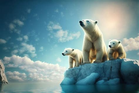 Premium AI Image | A polar bear and her cubs are on an iceberg.