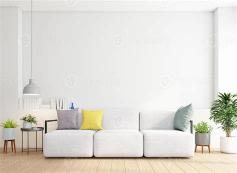 Minimalist living room with sofa and side table. white wall and wood ...