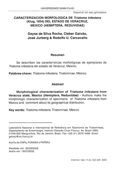 (PDF) Caracterizacion morfologica de Triatoma infestans (Klug, 1834) del estado de Veracruz ...