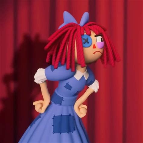 an animated image of a woman with red hair and blue dress in front of a curtain