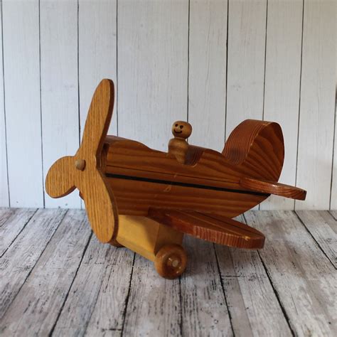 Vintage Wood Toy Airplane Handmade Wood Plane with Pilot Figurine Nursery Kids Boys Room Decor