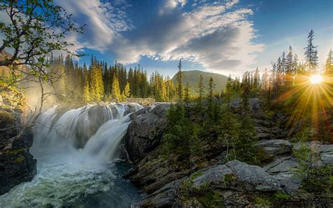 Waterfall, Sunset, River, Forest, Nature, Landscape, Sun Rays, Mist ...