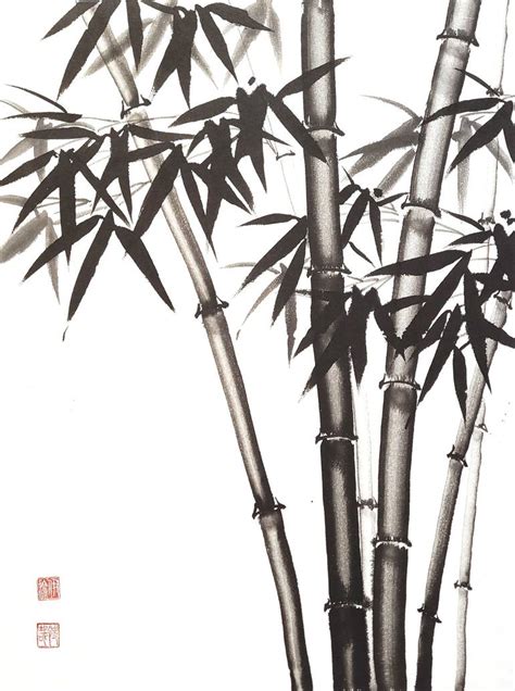 Six bamboo trunks - Original Chinese Brush Painting on Rice Xuan Paper Painting by Ilana ...