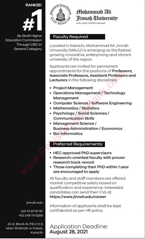 Teaching Faculty Jobs in Muhammad Ali Jinnah University Karachi 2021 ...