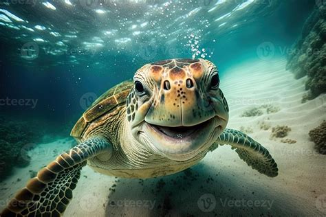 happy sea turtle underwater looking and you and smiling illustration ...