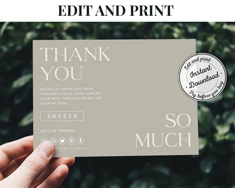 Modern Thank You For Your Purchase Card Editable Template | Etsy