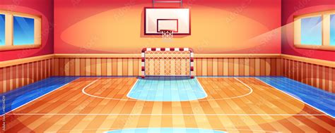 Cartoon school gym with gymnasium basketball court. Sport hall interior ...