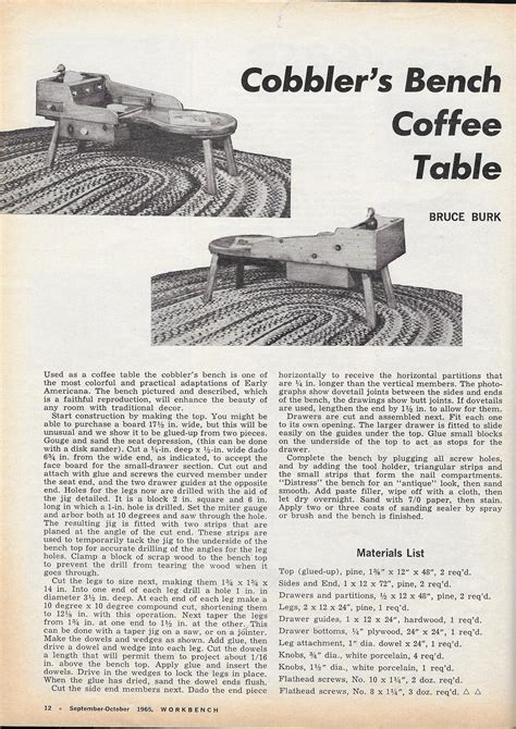 Workbench Magazine 1965 Sept-Oct Cobblers Bench Coffee Table - Plans and Software - The Patriot ...