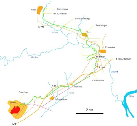 Map of the Roman Nimes aqueduct; the Roman aqueduct in green