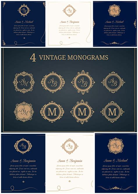 Wedding invitations with monograms vector collection | Free download