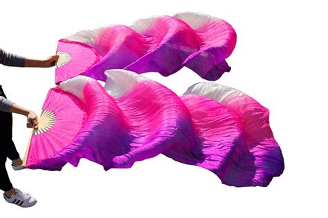 100% Silk High Quality Chinese Silk Fans 1 Pair Handmade Dyed Silk Belly Dance Long Fans Stripe ...