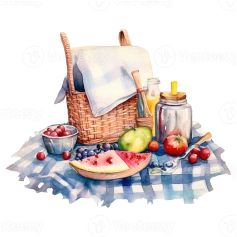 Picnic basket with food. Watercolor hand drawn illustration on ...