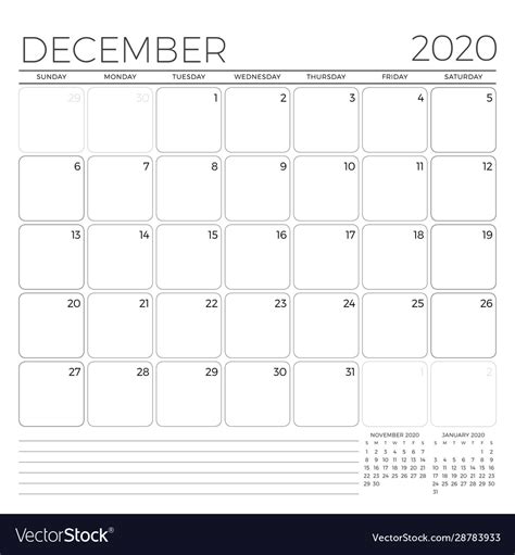 December 2020 monthly calendar planner template Vector Image