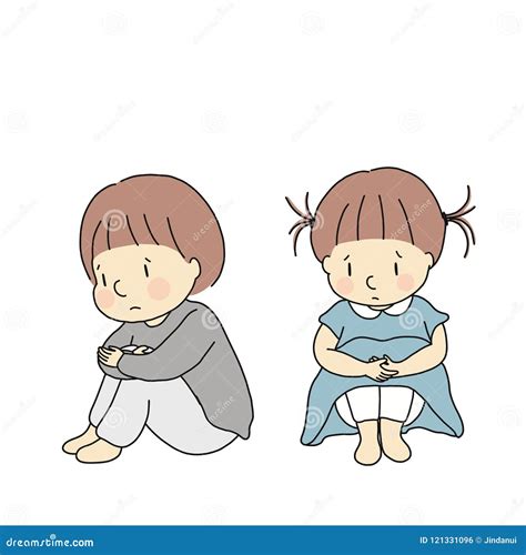 Vector Illustration of Little Kids Hugging Knees, Feeling Sad and ...