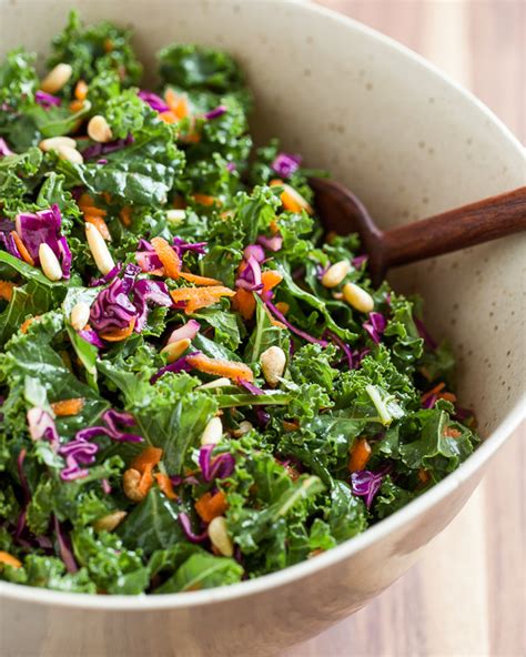 Kale Salad with Red Cabbage, Carrots, and Pine Nuts