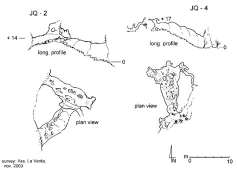 Plan views and longitudinal section of two paleo-phreatic caves located ...