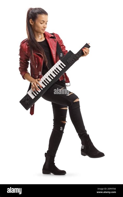 Cool female playing a keytar synthesizer isolated on white background ...