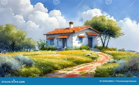 Beautiful House on the Hill with Blue Sky Watercolor Painting Stock Illustration - Illustration ...