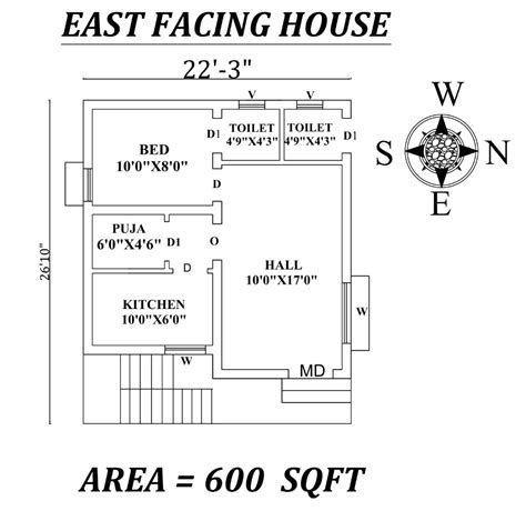 22'x27' 1BHK East Facing House Plan As Per Vastu Shastra, Autocad ...