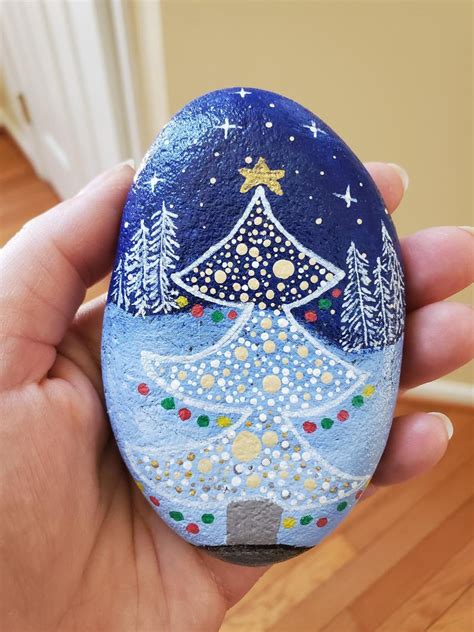 Christmas Tree Blue Night Personalized Hand Painted Rock Gift Hand ...