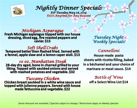 Tuesday Night Dinner Specials | Special dinner, Night dinner, Dinner