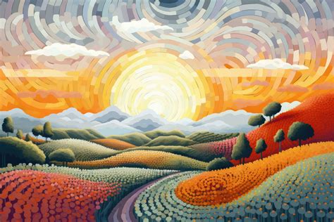 Autumn landscape with colorful hills, sun and clouds illustration. A ...