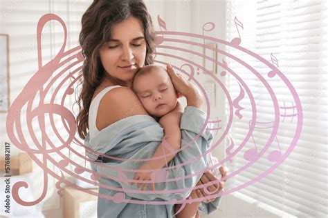 Mother singing lullaby to her sleepy baby at home. Music notes illustrations flying around woman ...