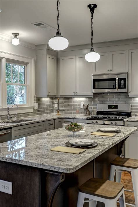 Gray Shaker Cabinets Subway Backsplash Tiles Granite Countertops Dark Hardwood Floor | Modern ...