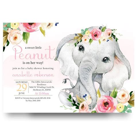 Elephant baby shower invitation, pink floral elephant #35 | Elephant baby shower theme, Pink ...