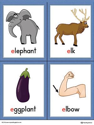 Letter E Words and Pictures Printable Cards: Elephant, Elk, Eggplant, Elbow (Color ...