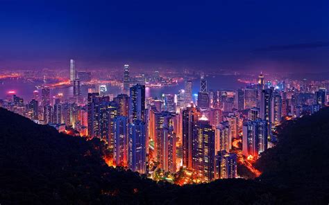 Hong Kong At Night Lighting Buildings Skyscrapers Port Wallpaper For ...