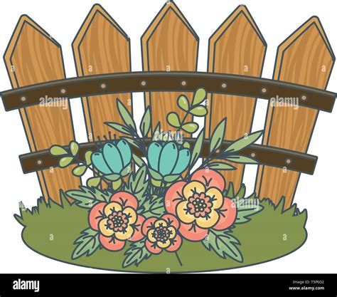 floral nature flowers garden in front wooden fence cartoon vector ...