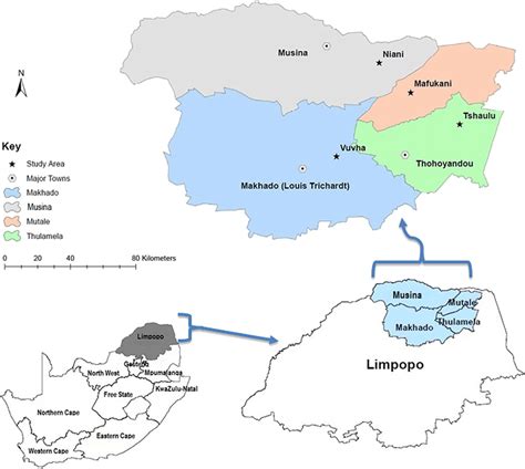 Map of the Vhembe District, Limpopo Province, South Africa, showing the... | Download Scientific ...