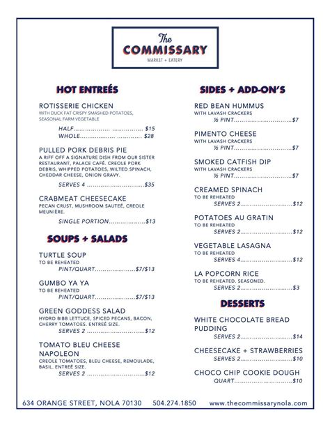 commissary menu april 2020 | | nola.com