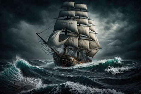 Sailing Ship in Rough Sea with Waves Sailing in a Storm Stock Photo ...