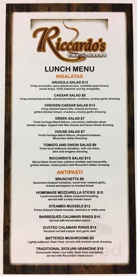 Menu for Ricardo's Italian Restaurant in Amherstburg, Ontario