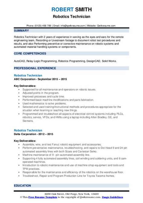 Robotics Technician Resume Samples | QwikResume