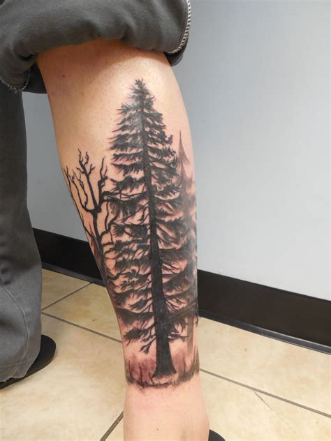 Forest of pine trees leg tattoo by artist, Jessica Rincon. | Frases tatuagem, Tatuagem, Frases