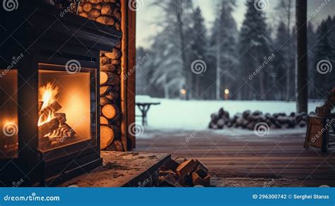 A Fireplace with Logs Burning in the Snow, AI Stock Photo - Image of wood, indoors: 296300742