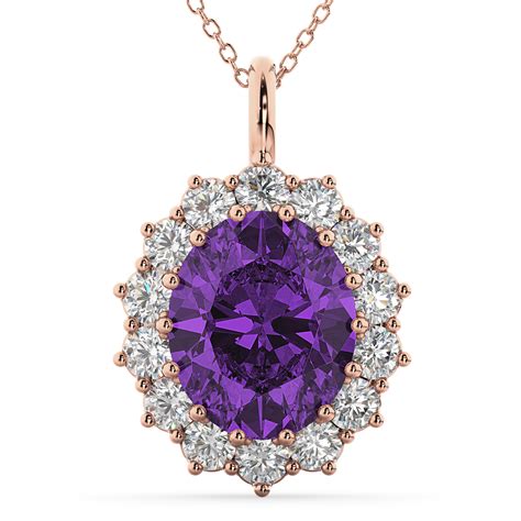 Oval Amethyst & Diamond Halo Pendant Necklace 14k Rose Gold 6.40ct - AD4873