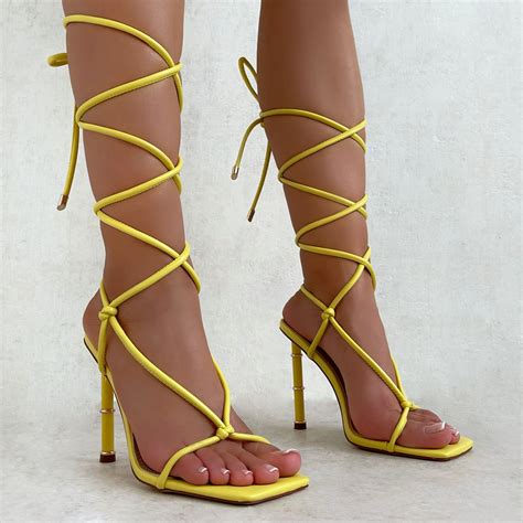 Coraline Yellow Square Toe Knot Lace Up High Heels