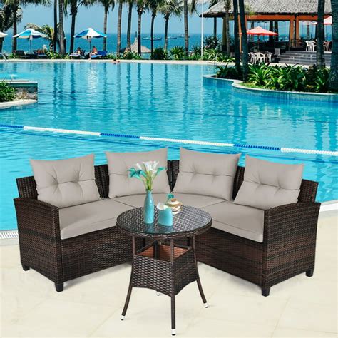 Costway 4PCS Outdoor Patio Rattan Furniture Set Cushioned Sofa Table ...