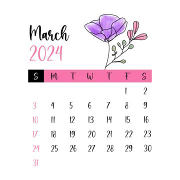 March 2024 Floral Monthly Calendar Vector, March Floral Calendar, March 2024, March 2024 ...