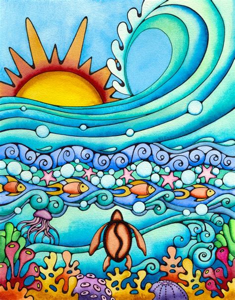 Sunrise Surf Turtle Ocean Sea Coral Honu Sun Waves Fish Water Acrylic Tray by Holly Kitaura Art ...