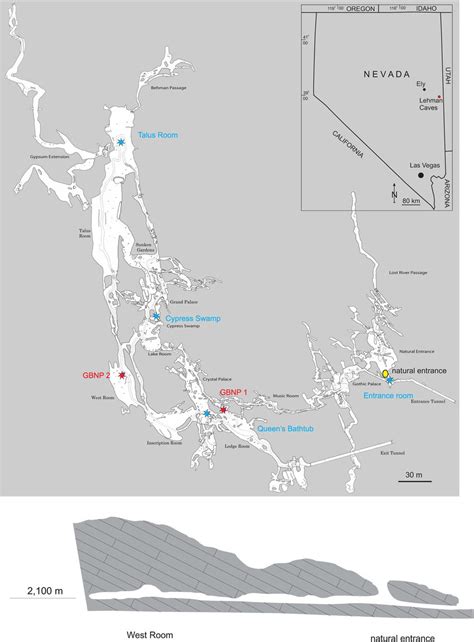 Schematic map of Lehman Caves and profile showing locations of air ...