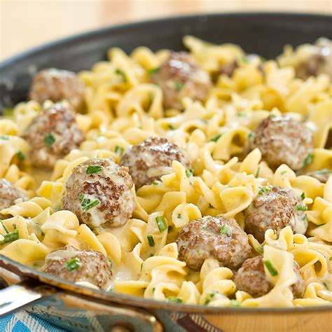 Skillet Meatballs and Noodles in Creamy Herb Sauce