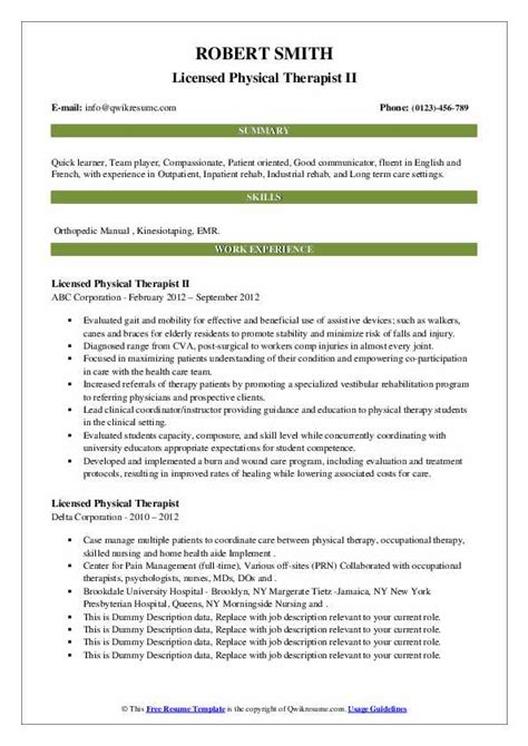 Licensed Physical Therapist Resume Samples | QwikResume