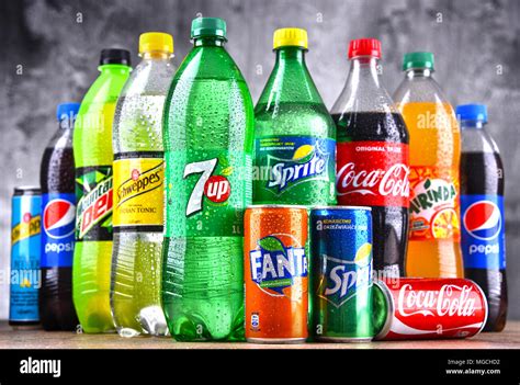 POZNAN, POLAND - APR 6, 2018: Bottles of global soft drink brands ...