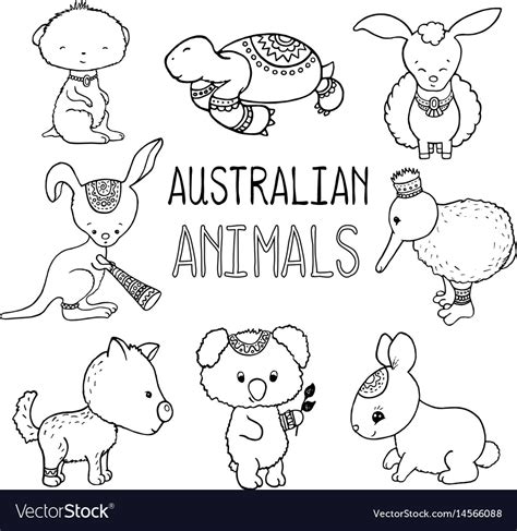 Cute australian animals outlined drawing Vector Image